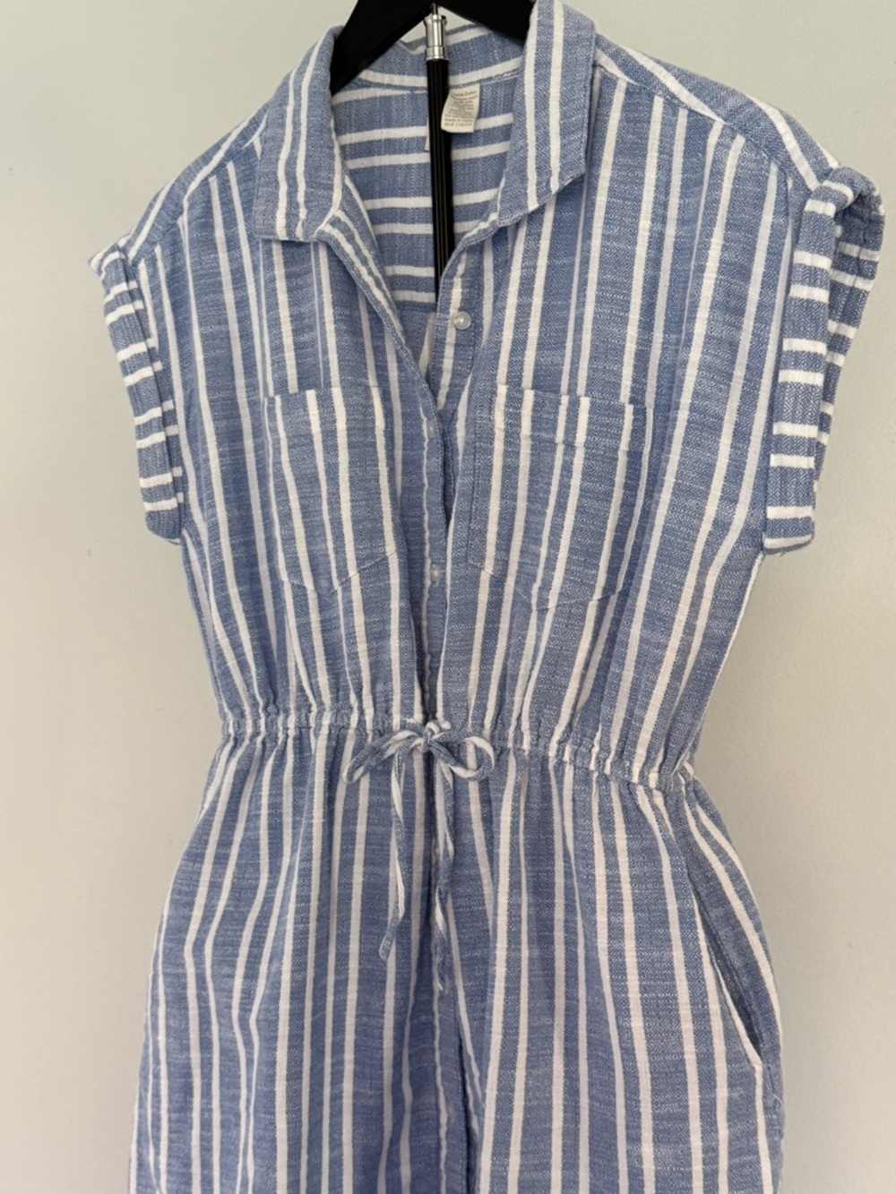 Blue White Button-up Swim Cover-up Dress 100% Cotton Collared Pockets Large Prep - Picture 3 of 13